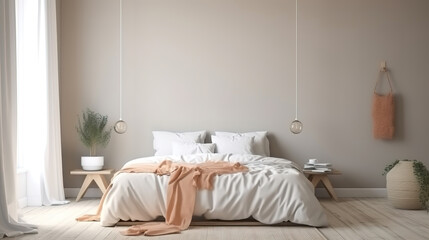 Home mock-up, blank wall in Scandinavian bedroom interior. Generative Ai