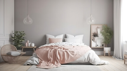 Fototapeta na wymiar Home mock-up, blank wall in Scandinavian bedroom interior. Generative Ai