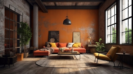 Living room loft in industrial style ,3d render, Bright color. Generative Ai