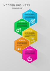Moden business infographics 5 options bright multi colored hexagons multiple icons design for marketing finance planning product