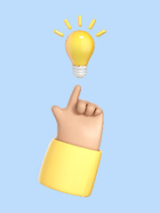 Pointing finger on bulb. Concept of big idea. Thinking, good idea and business success creative concept. Vector 3d illustration.