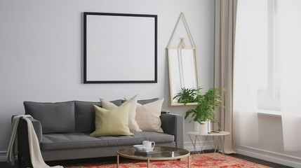 Fototapeta na wymiar Stylish scandinavian living room with design mint sofa. Generative Ai