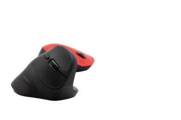 Vertical black and horizontal red computer mouse on a white background against each other. Horizontal. Background. Template. Photo in high quality