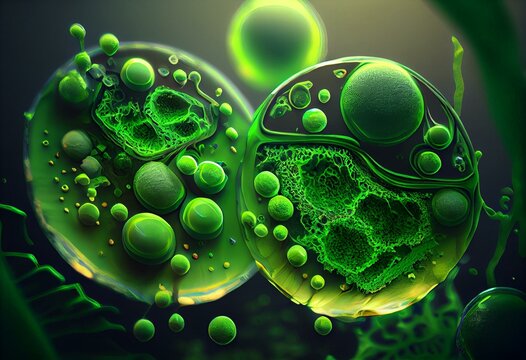 Green Algae Cells 3D Illustration. Generative AI