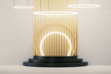 3d presentation pedestal with neon lights. 3d rendering of mockup of presentation podium for display or advertising purposes