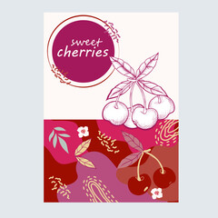 Cherry label or badge design for food and cosmetic packs and kitchen textile prints. Banner or food packaging sticker with cherry, flat vector illustration isolated on white.