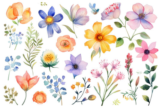 Beautiful flowers in watercolor technique. PNG file with transparency - isolated flowers. Generative Ai