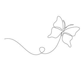 Continuous one line drawing of butterfly. Simple flying butterfly line art vector illustration. Editable stroke.