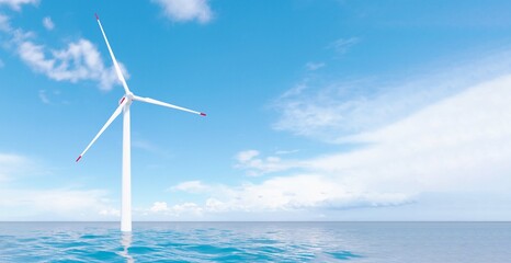 Fototapeta premium Ocean Wind Farm. Windmill farm in the ocean. Offshore wind turbines in the sea. 