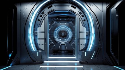 Futuristic interior with hallway and door. Generative AI