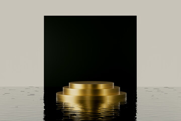 3d presentation pedestal in liquid with reflection and black frame background. 3d rendering of mockup of presentation podium for display or advertising purposes
