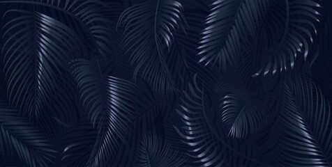 Blue palm tree leaves on dark background. Tropical palm leaves, floral pattern vector illustration.