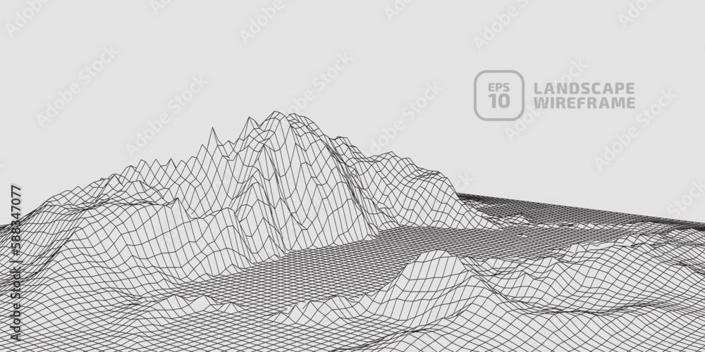 Aufkleber abstract wireframe background. 3d grid technology illustration landscape. digital terrain cyberspace