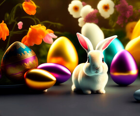 Fototapeta na wymiar Illustration with easter eggs and rabbit. Generative Ai.