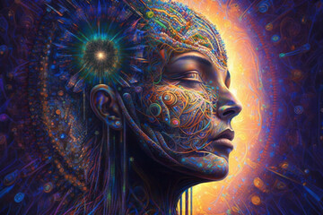 Human experiencing dmt psychedelics. Psychoactive magic mushrooms hallucinogen drug experience. Psilocybin psychotropic acid trippy art. Ai generated