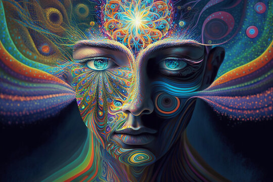 Human experiencing dmt psychedelics. Psychoactive magic mushrooms hallucinogen drug experience. Psilocybin psychotropic acid trippy art. Ai generated