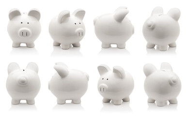 White piggy bank collection isolated