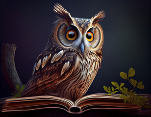 Portrait of an owl sitting on the pages of an open book, close-up and on a dark isolated background. Generative AI