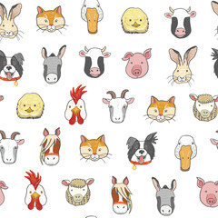 Farm Animals faces funny vector seamless pattern.