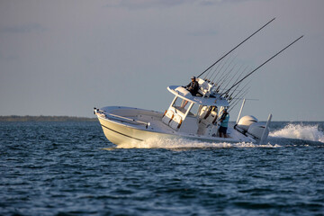 Center console fishing boat in the ocean.