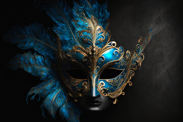 Carnival, Venetian Mask on a dark background. Masquerade Disguise Party. Blue and gold colors. High quality generative ai