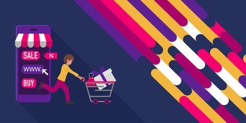 vector illustration concept man pushing a shopping cart off the phone screen and has a beautiful colorful background