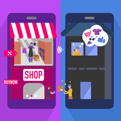 Conceptual vector illustration. Stores and houses on the phone screen and one man delivers a package to another man. on a blue and purple background