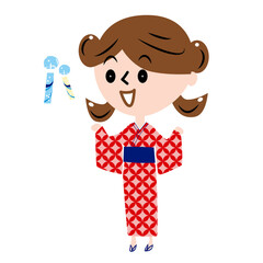 浴衣を着た女の子と風鈴のイラスト