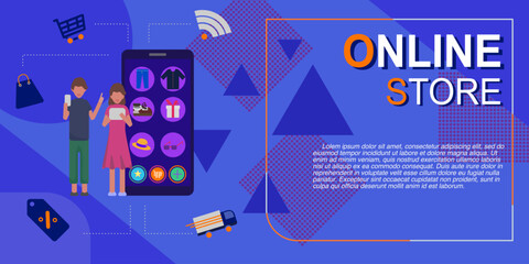 vector illustration of woman and man shopping online on the store in the application,icon banner on blue background
