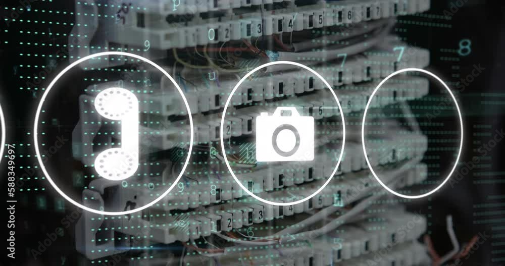 Poster animation of media icons and data processing over server room