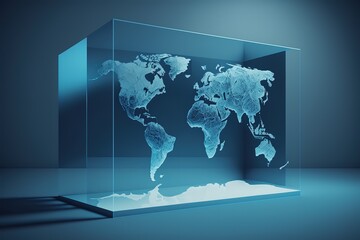 World Map inside glass, blue background, Generative AI