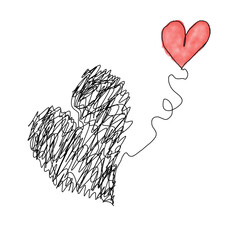 line art drawing of hearts, two hearts tied together hand drawn illustration