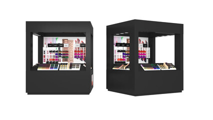 Cosmetic Kiosk Booth, Beauty Shop, Beauty and Fashion Stall, Black box with a white background that says " lip gloss " on it. A black display for a color bar. 3D Rendering