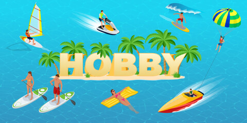 Isometric Hobby concept. Jet Ski, Sports. Surfer on Blue Ocean Wave. Fun in the ocean, Extreme Sport, water skiing. Active summer vacations with paddle board. Hobby Young People.