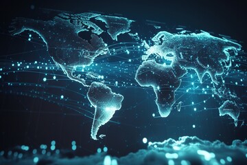 World map blue background, hologram, Generative AI