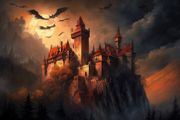 Scary horror and haunted Dracula medieval vampire castle with bats.  Halloween myth and legend. Creepy atmosphere with big clouds. Ai generated - obrazy, fototapety, plakaty
