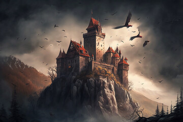 Scary horror and haunted Dracula medieval vampire castle with bats.  Halloween myth and legend. Creepy atmosphere with big clouds. Ai generated - obrazy, fototapety, plakaty