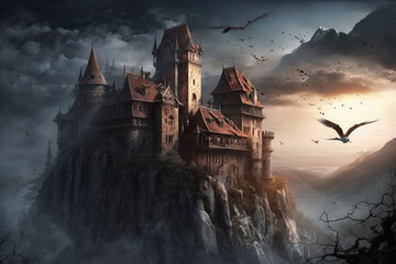 Scary horror and haunted Dracula medieval vampire castle with bats.  Halloween myth and legend. Creepy atmosphere with big clouds. Ai generated