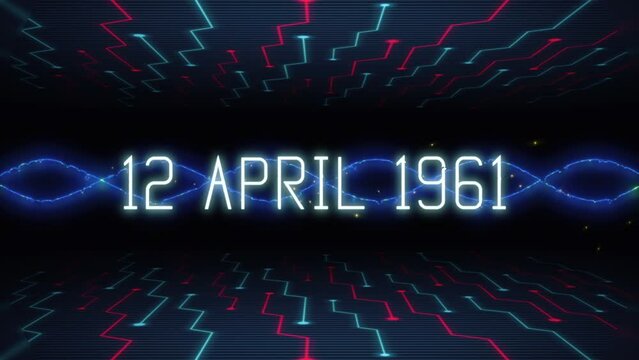 12 April 1961 with neom waves and motherboard elements, motion abstract futuristic, cosmos and sci-fi style background