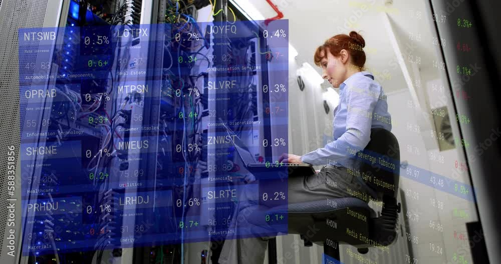Poster animation of stock market and financial data processing over caucasian woman by computer server