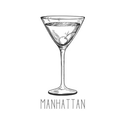 Alcoholic cocktail - manhattan with cherry. Hand-drawn Illustration on transparent background