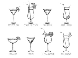 Alcoholic cocktail collection - blue lagoon, manhattan, martini, tequila sunrise, pina colada, margarita, sex on the beach, cosmopolitan. Hand-drawn Illustration on transparent background