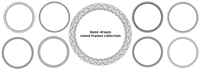 Set of hand drawn vector decorative elements. Round frames with geometric ornament. Illustration on transparent background