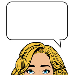 The girl is looking up. Speech bubble above the head with place for text. Vintage Illustration on transparent background