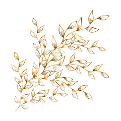 Plant branches pattern, gold color vector illustration. Isolated image of a stylized plant branch, decor