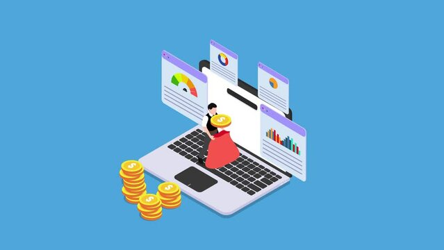 Young man earning money online 3d isometric