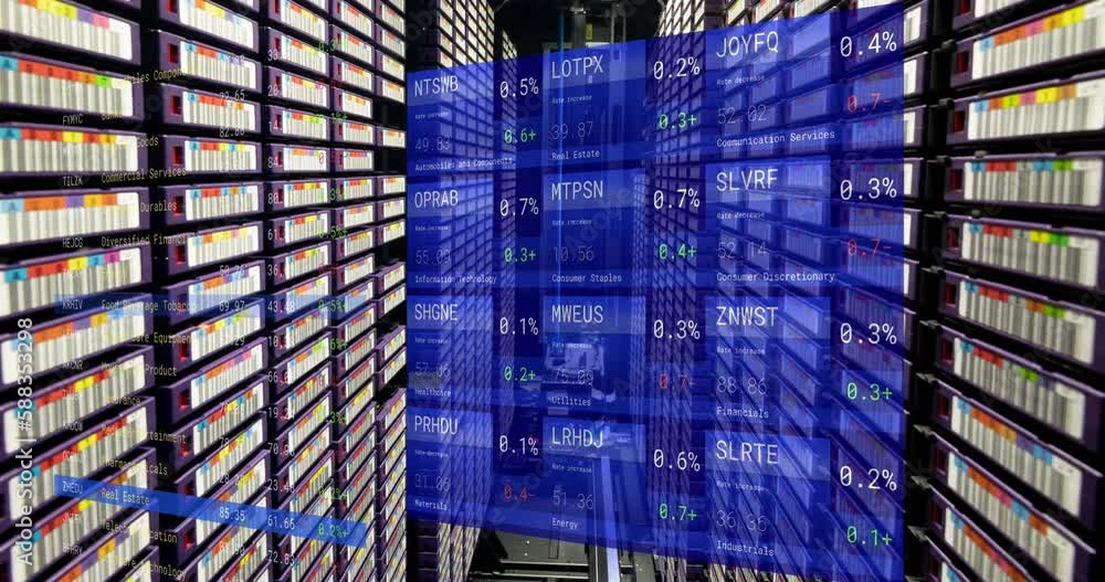 Poster animation of computer servers and financial data processing