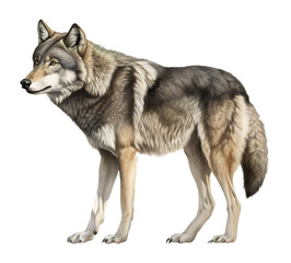 Fototapeta premium illustration of a cut out standing, walking photo-realistic wolf on transparent background