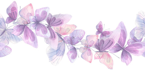Fototapeta na wymiar Pink, lilac and blue butterflies, gentle, airy, flying. Watercolor illustration. Seamless border on a white background. For decoration and design of posters, wallpapers, postcards, fabrics, textiles.