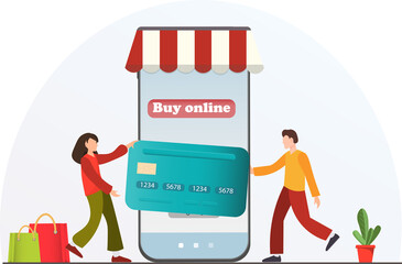 People shopping online, paying online with credit card on mobile app, shopping from concept, flat vector illustration